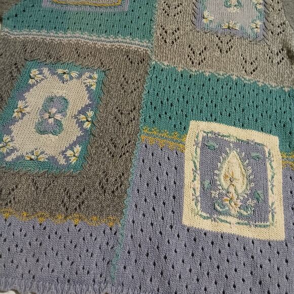 VTG Jantzen Classic Color Block Sweater Embroidered By Hand L/XL Grey/Aqua - Picture 12 of 16